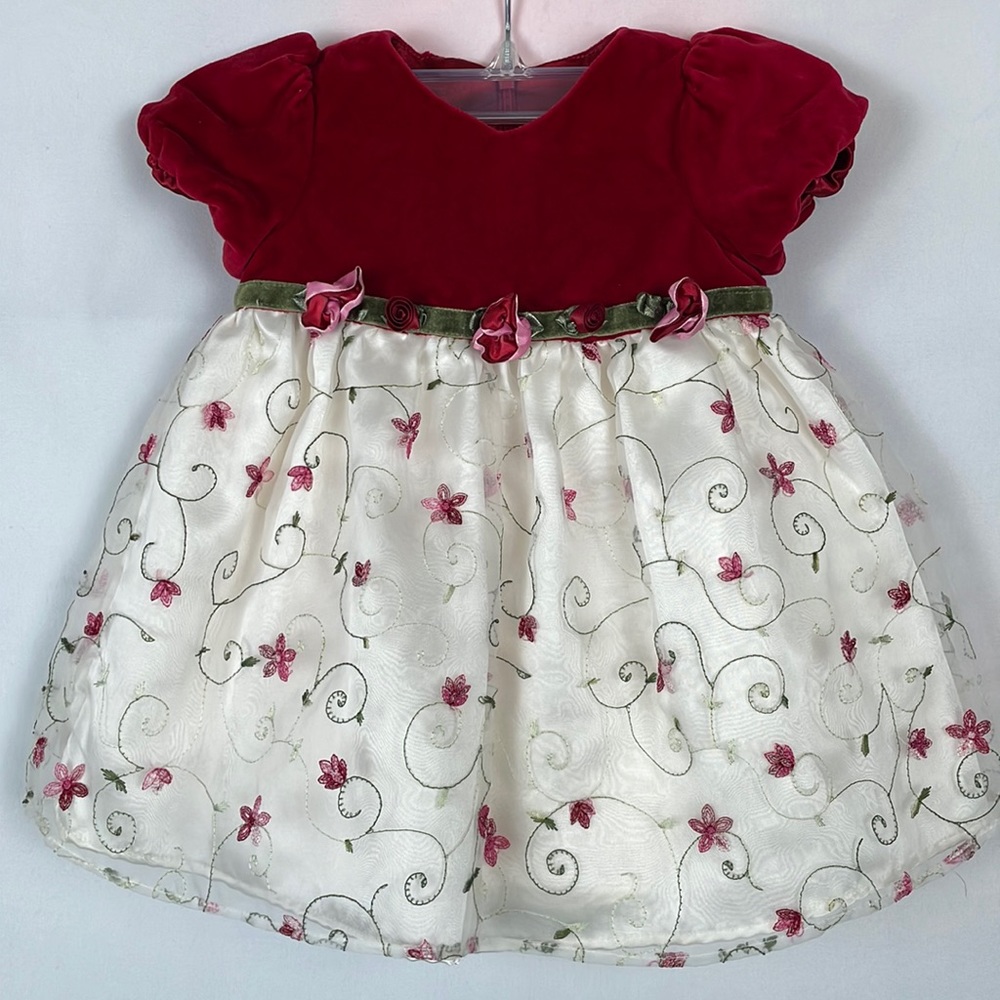 Fancy Party Dress w/Red Velvet Top & Ivory Embroidered Skirt - Size 12 Months